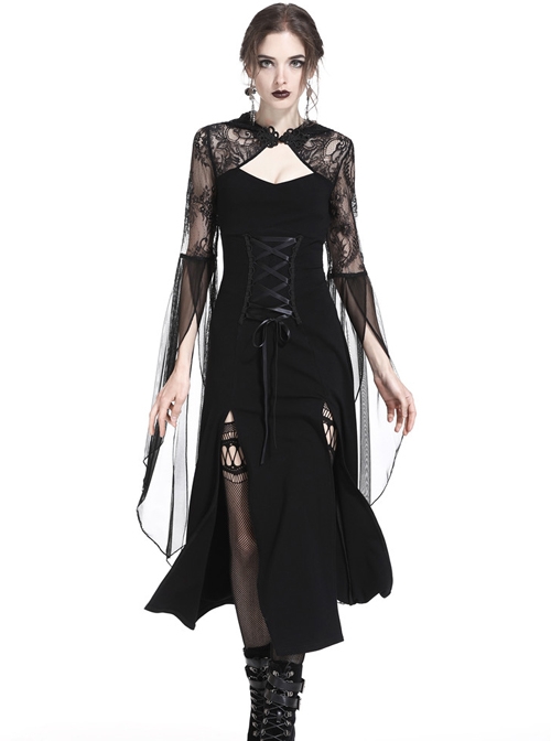 Gothic Black Lace Hooded Sexy Side Slits Long Dress - Magic Wardrobes