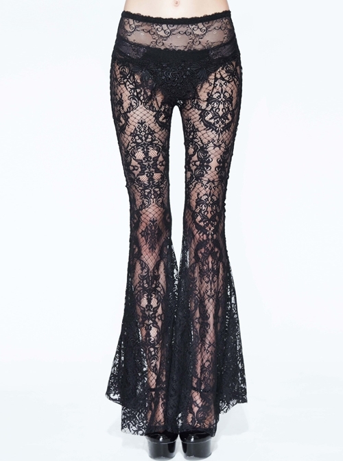 Gothic Black Sexy High Waist Lace Openwork Trousers Perspective ...