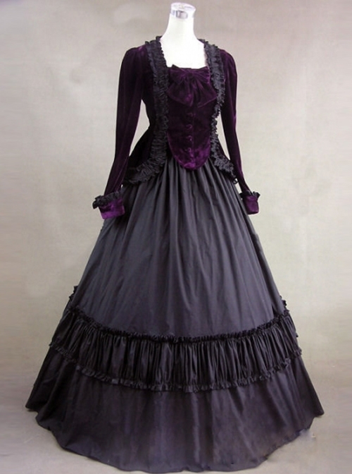 Gothic Victorian Purple Velvet Long Sleeves Ball Dress | magicwardrobes.com