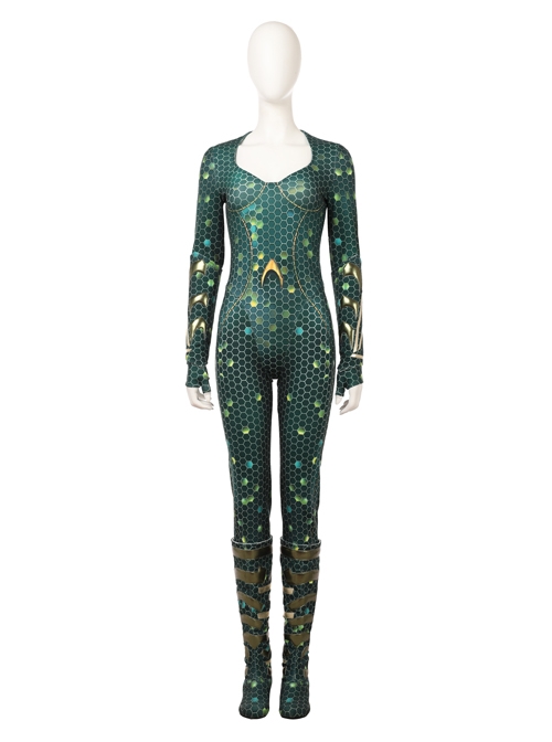 Aquaman Mera Green Scale Print Battle Suit Halloween Cosplay Costume ...
