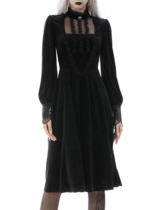 Gothic Devil Velvet Panel Lace Trim Long Sleeve Lace Stand Collar Dress ...