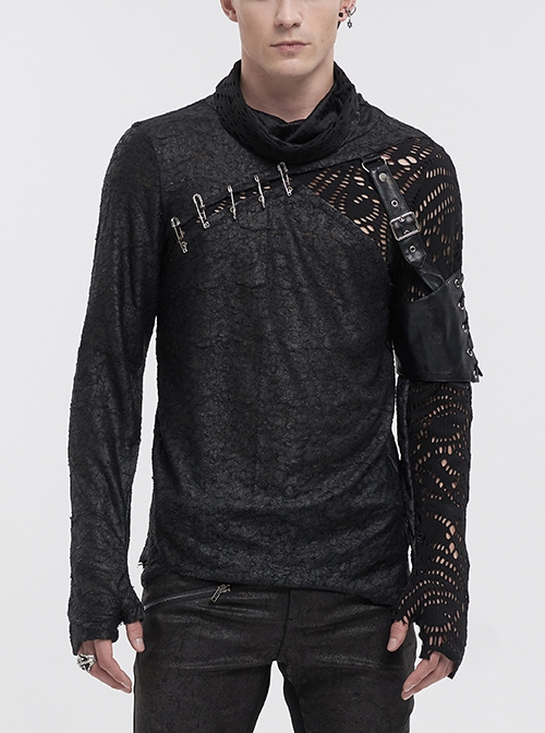 Fashion Printed Fabric Stitching Ripped Mesh Detachable Black Punk Style  Long-Sleeve T-Shirt - Magic Wardrobes